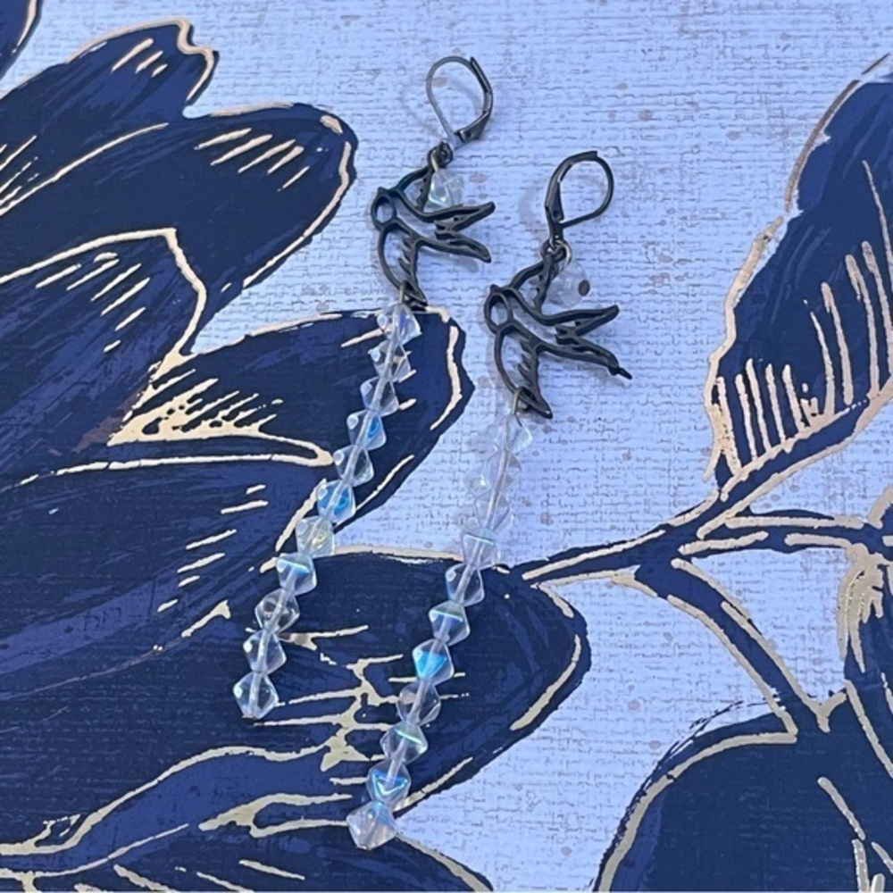 OOAK Handmade Brass Tone Bird and Sparkling Bead Dangle Earrings B2